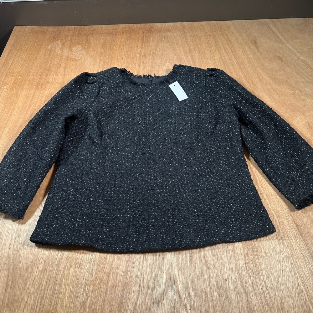 Ann Taylor Tweed Top Women Large Black Gold Metallic Shimmer Fringe Puff Sleeve